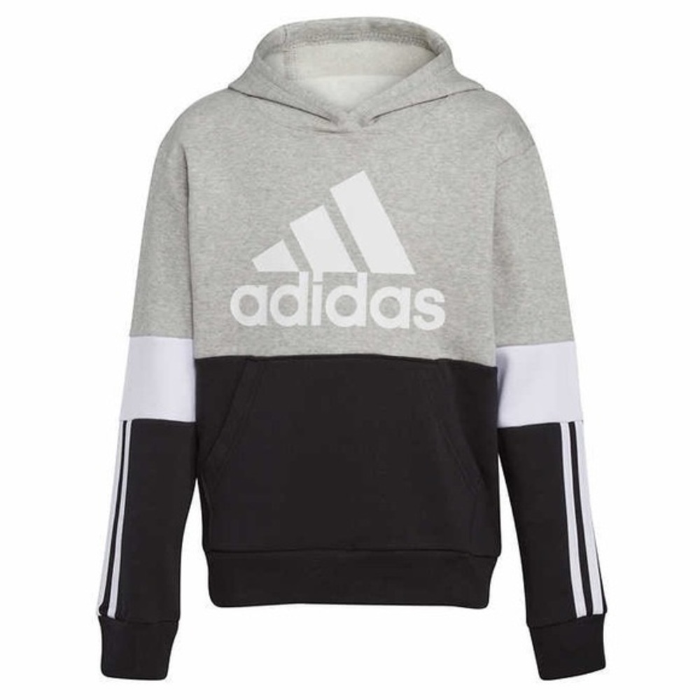 adidas Youth Size Large Black Gray Color-Block 3-Stripes Hooded Pullover Hoodie
